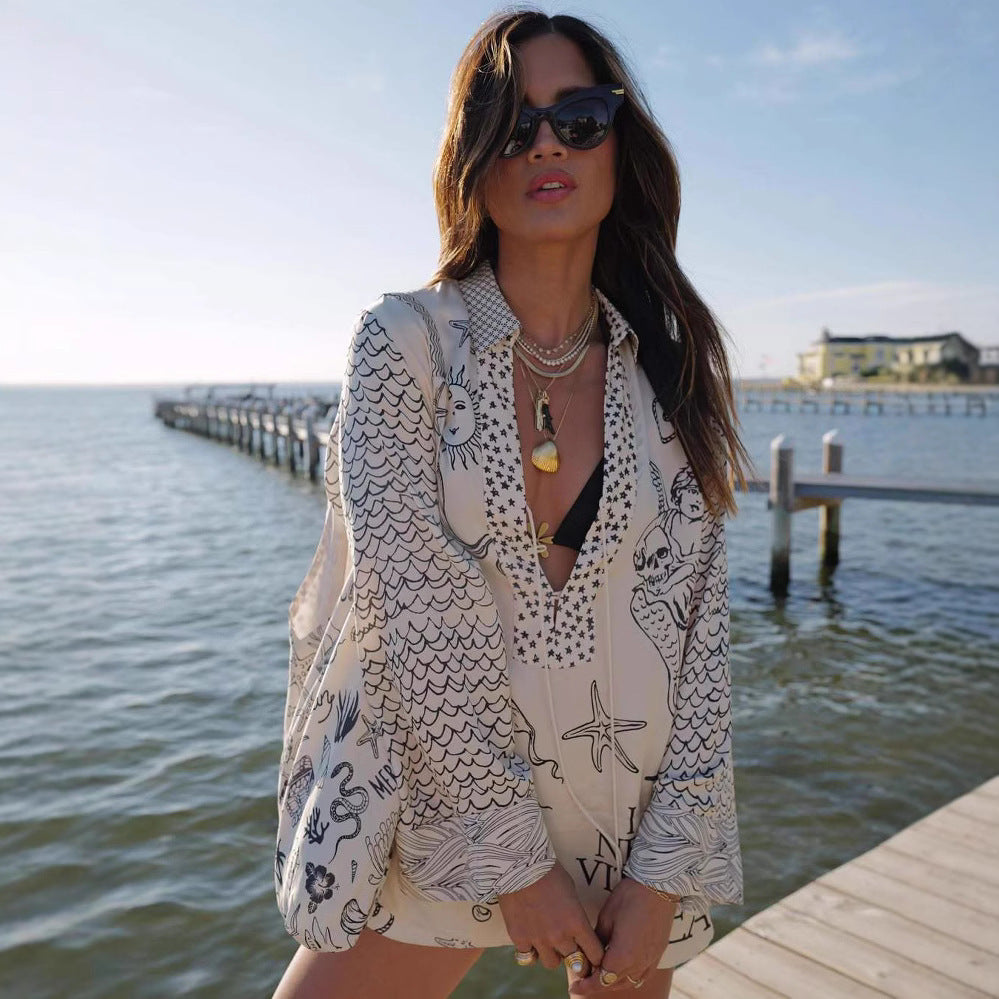 Damen Strandbluse mit maritimem Design und detailreicher Stickerei Drune