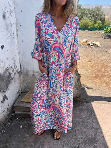 Damen V-Ausschnitt Maxikleid mit Seitentaschen und lockerer Passform Drune