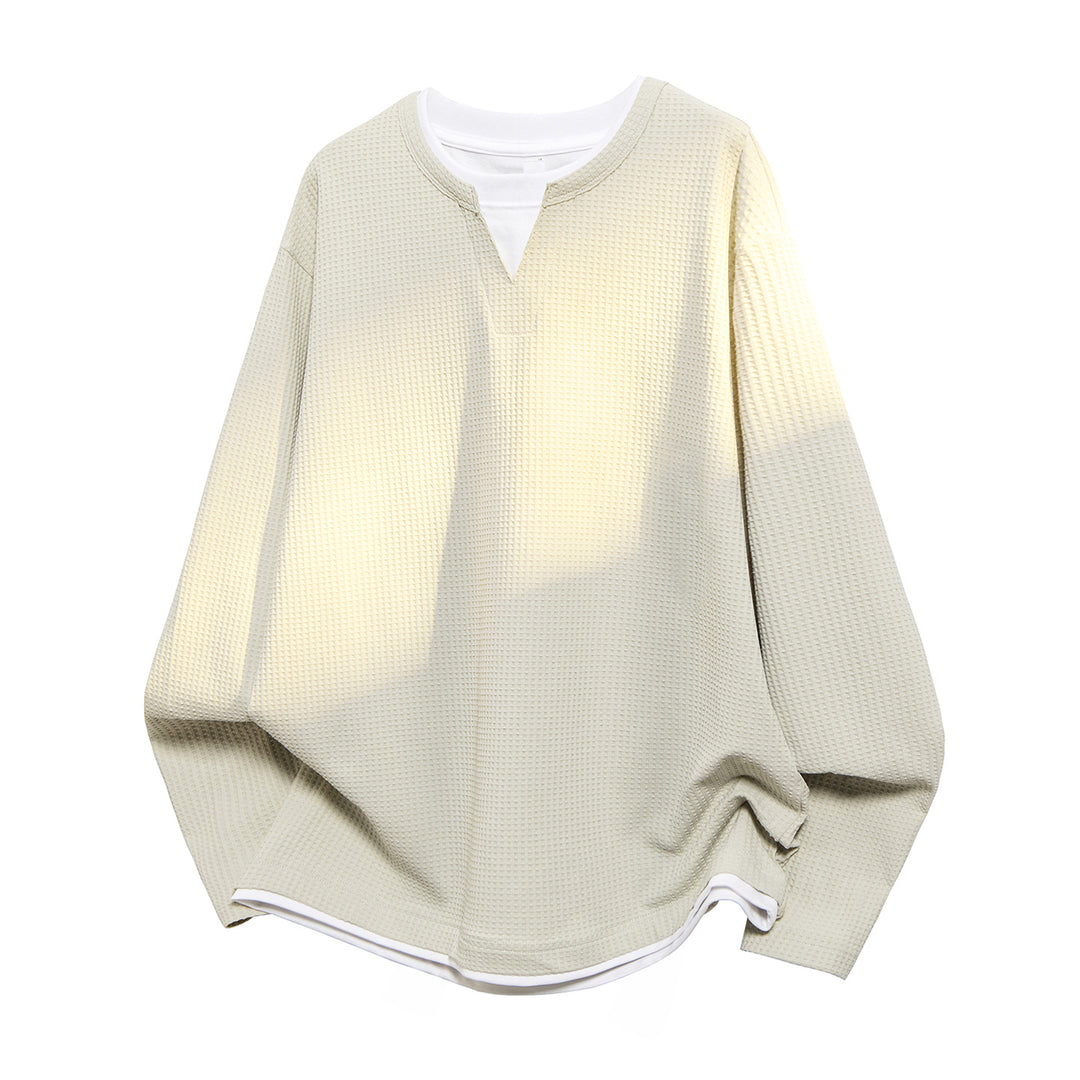 Herren Oversized Waffelstruktur-Sweatshirt mit V-Ausschnitt und Lagenoptik Drune