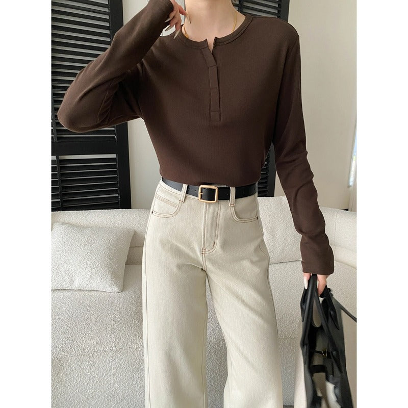 Damen langärmliges Henley-Oberteil mit elegantem V-Ausschnitt und feiner Rippstruktur Drune