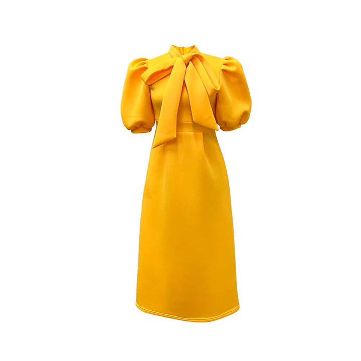 Damen Elegantes Midi-Kleid mit Puffärmeln und Bindegürtel Drune
