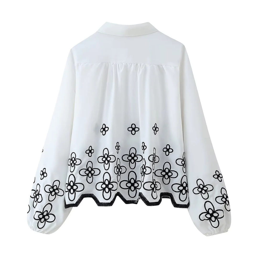 Damen nan bestickte Chiffon-Bluse mit floralem Saum, Volumenärmeln und Hemdkragen Drune