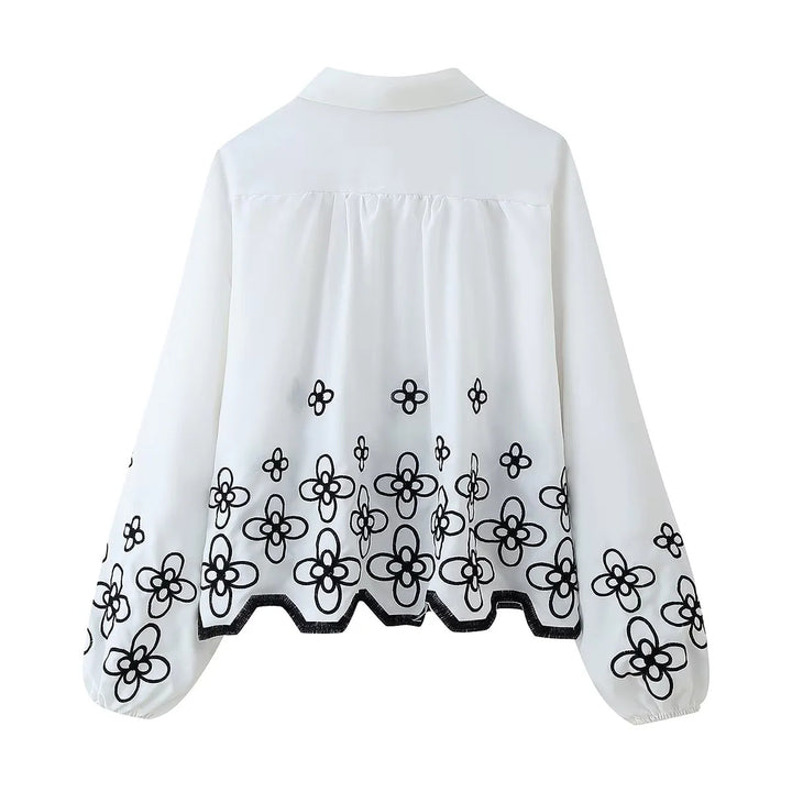 Damen nan bestickte Chiffon-Bluse mit floralem Saum, Volumenärmeln und Hemdkragen Drune