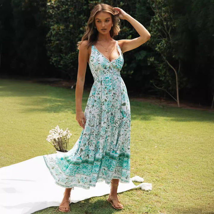 Damen Sommerlangkleid mit floralem Design und tiefem V-Ausschnitt Drune