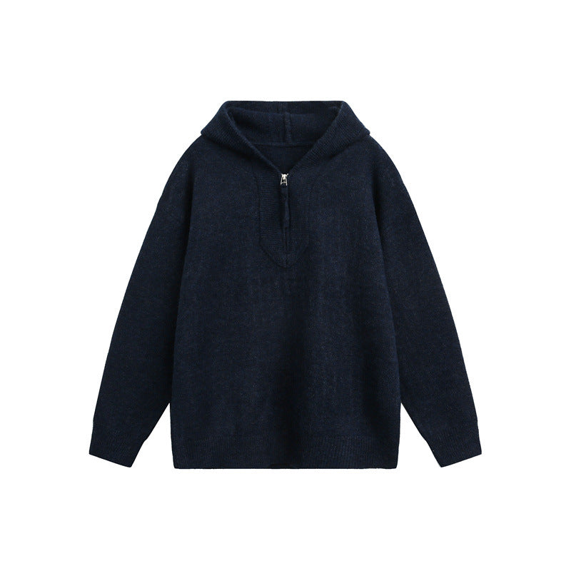 Unisex Grobgestrickter Kapuzenpullover mit halbem Reißverschluss und Boxy‑Schnitt Drune
