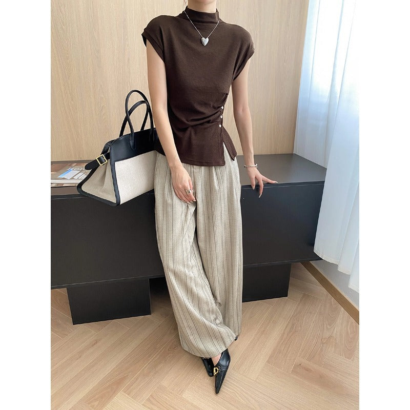 Damen elegantes Oberteil mit seitlichem Bindegürtel und schmalen Knopfdetails Drune