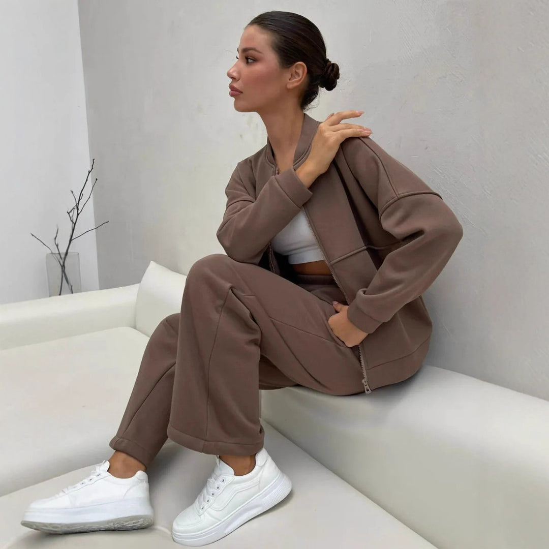 Damen Zweiteiliges Loungewear-Set mit kurzem Bomber-Zip und weiter hochgeschnittener Jogginghose Drune