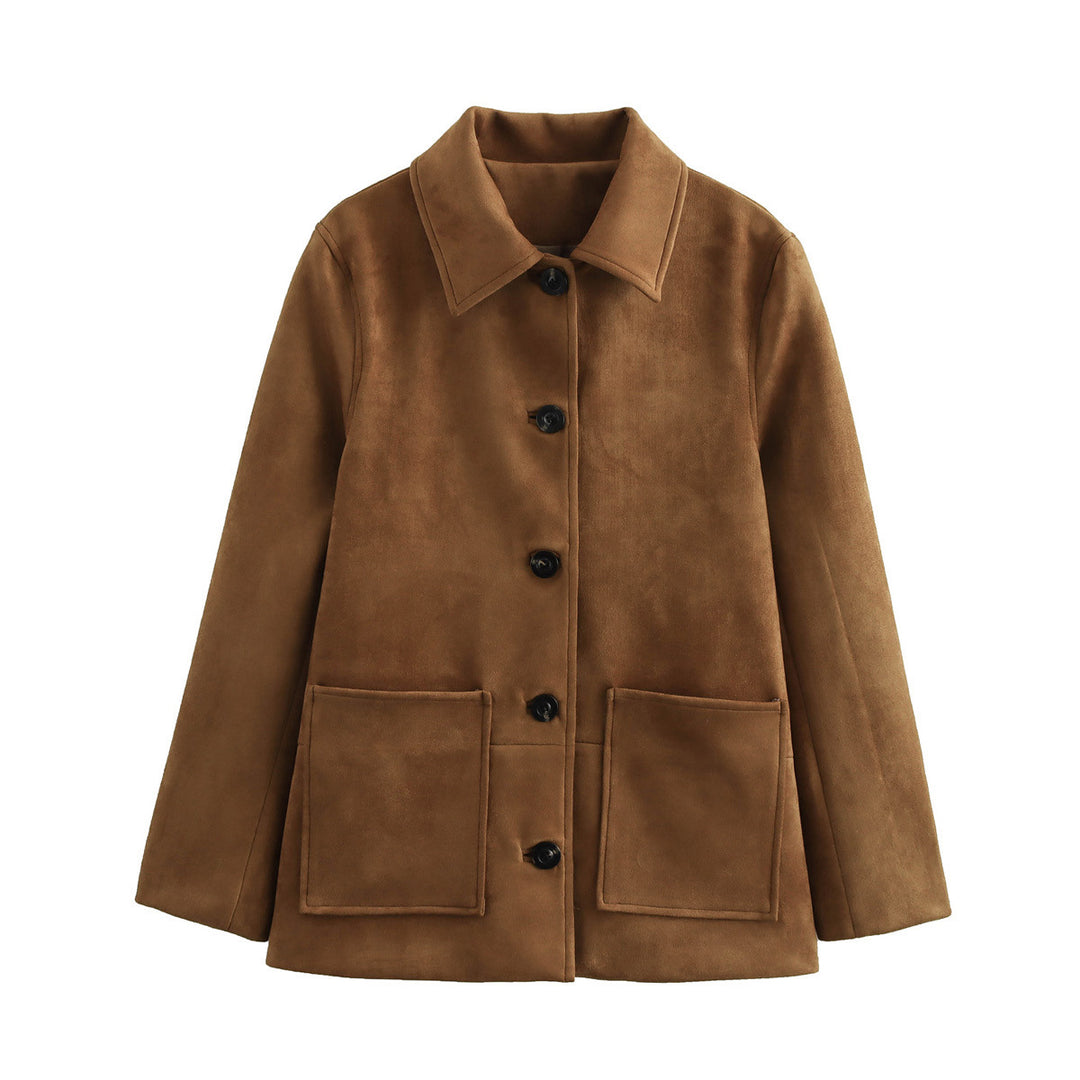 Damen elegante Wildlederjacke mit großzügigen Taschen und Knopfdetails Drune