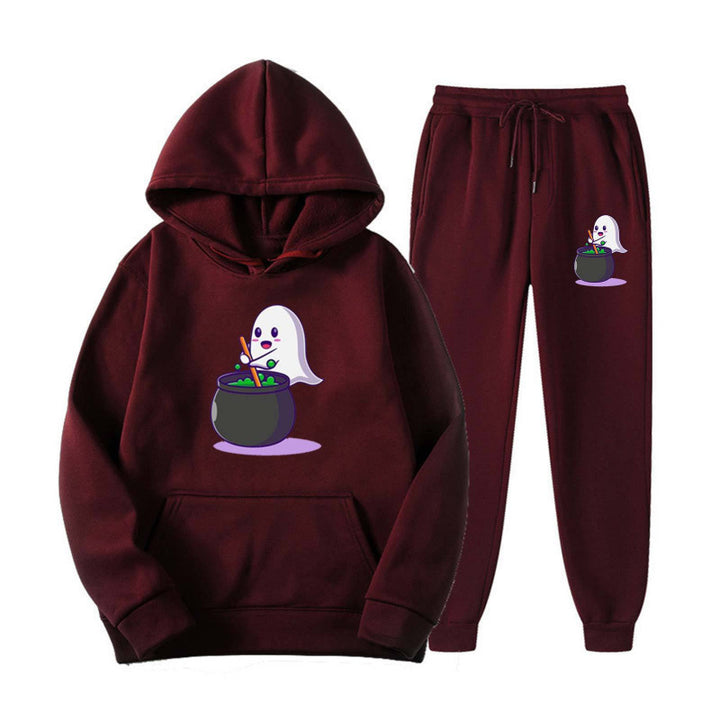 Unisex nan kuscheliger Kapuzenpullover und Jogginghose Set mit Halloween-Geistprint Drune