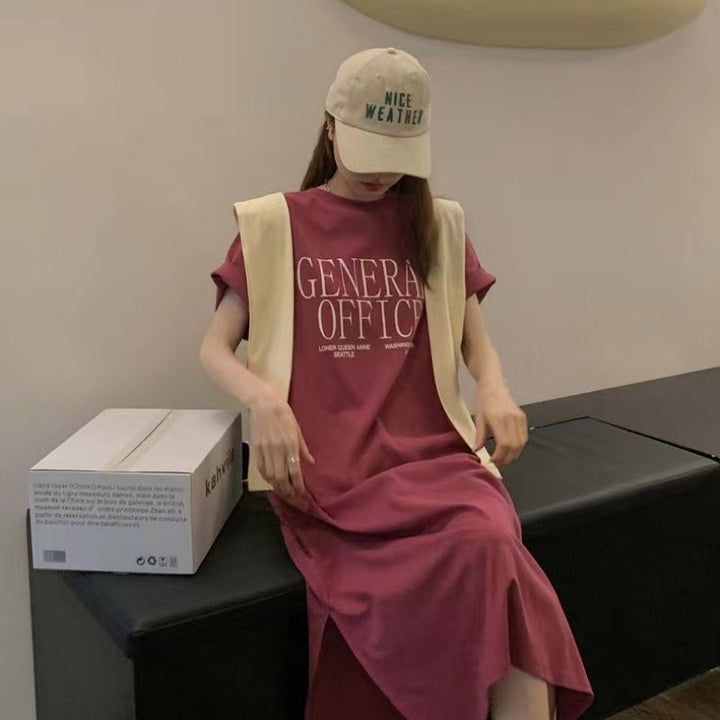 Damen Casual T-Shirt Kleid mit kreativem Schriftzug Drune