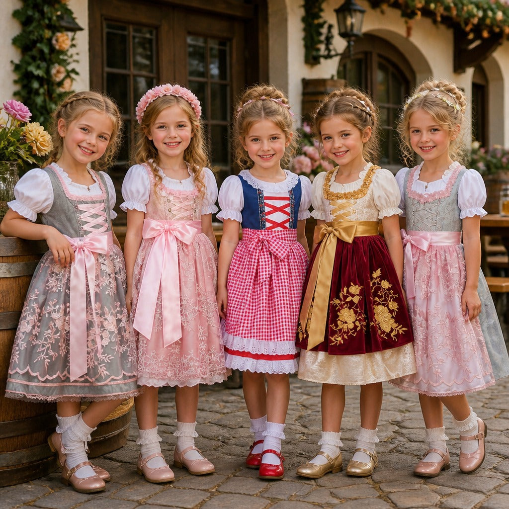 Damen nan traditionelles Kinderdirndl mit bestickter Schürze und Rüschenbluse Drune