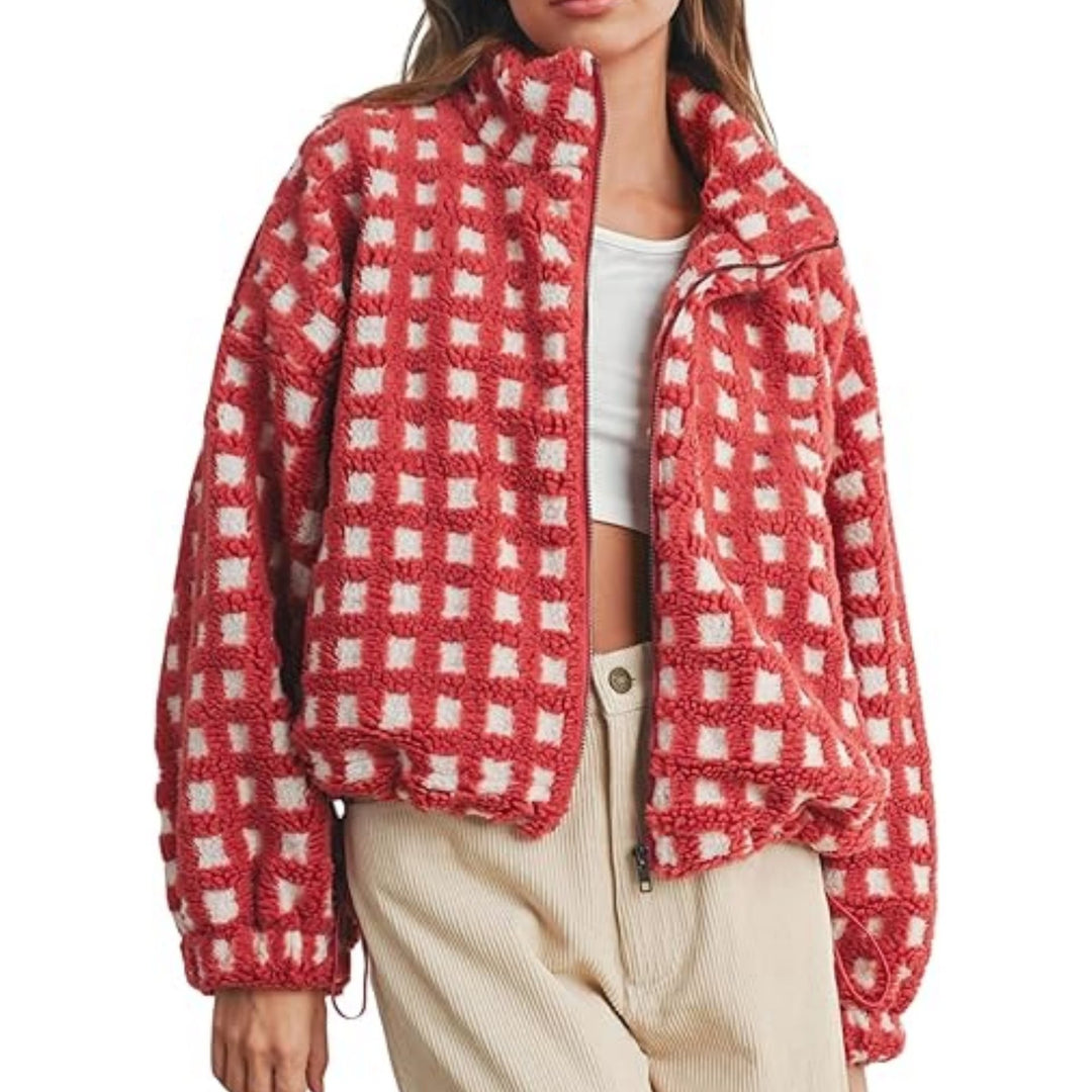 Damen Kuschelige und modische Fleecejacke mit geometrischem Muster und lässigem Schnitt Drune