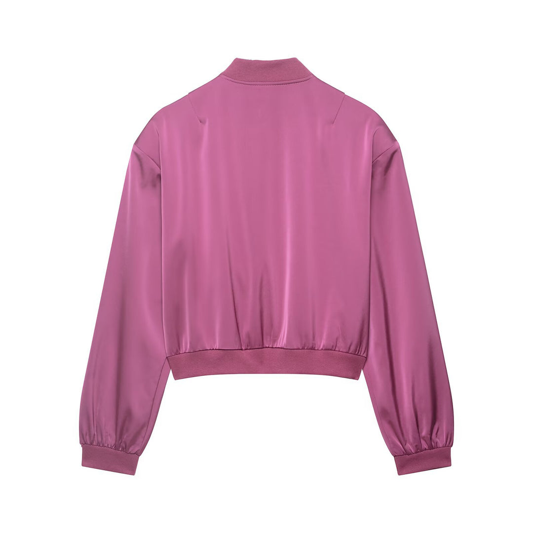 Damen Kurz geschnittene Satin-Bomberjacke mit Rippbündchen und Druckknopf-Taschen Drune