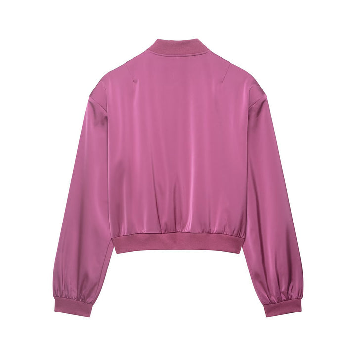Damen Kurz geschnittene Satin-Bomberjacke mit Rippbündchen und Druckknopf-Taschen Drune