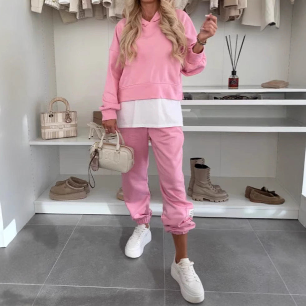Damen nan kuscheliges kurzes Kapuzensweatshirt und Jogginghose-Set aus weicher Baumwollmischung Drune