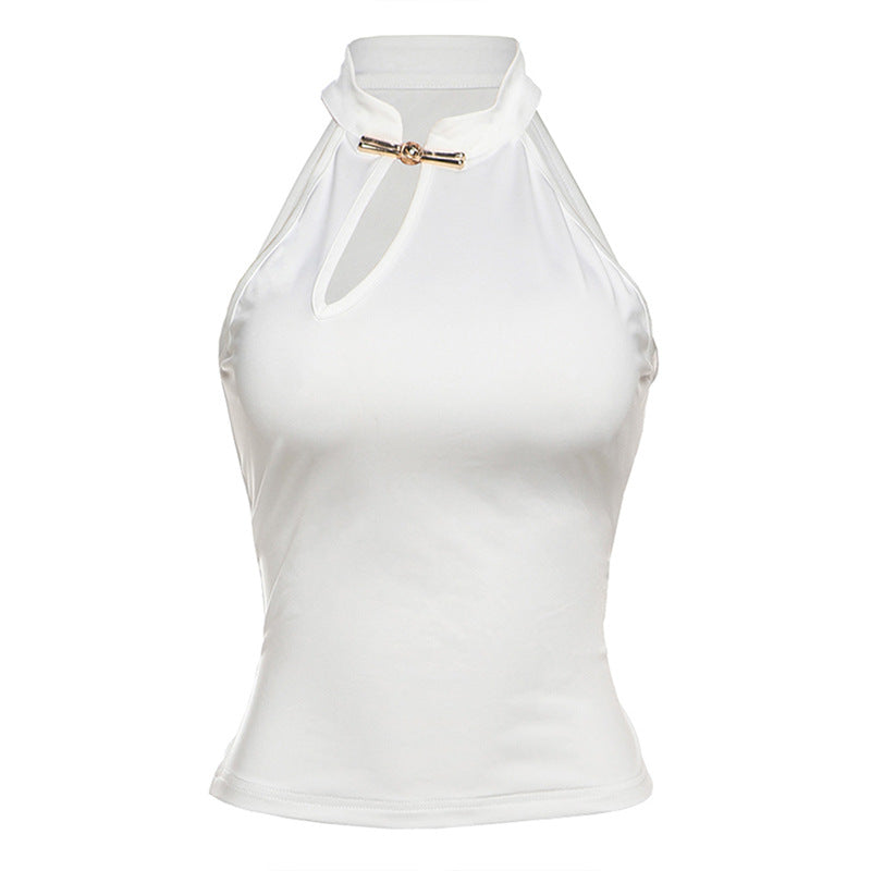 Damen modernes Hochkragen Top mit elegantem Schlitz und goldener Akzent Drune