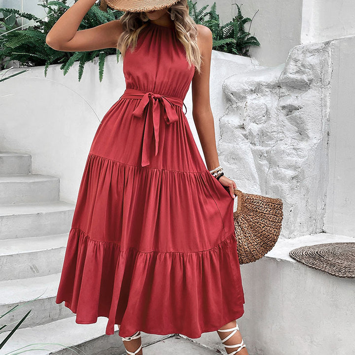 Damen Maxikleid mit tiefem V-Ausschnitt, Taillengurt und voluminösem Rock Drune