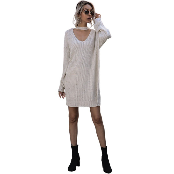 Damen Bequeme Strickkleid mit V-Ausschnitt und Choker Drune