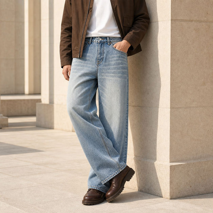 Damen High-Waist Weitbein-Jeans aus Denim mit Vintage-Waschung Drune