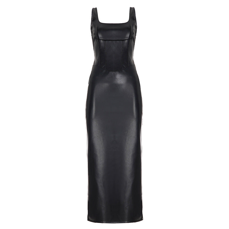Damen Figurumspielendes Kunstlederkleid mit charmanten Trägern Drune