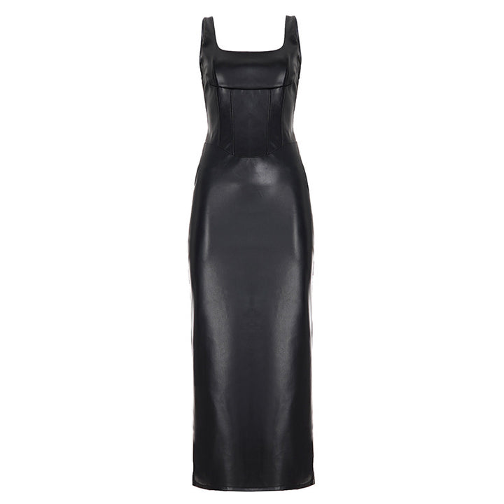 Damen Figurumspielendes Kunstlederkleid mit charmanten Trägern Drune