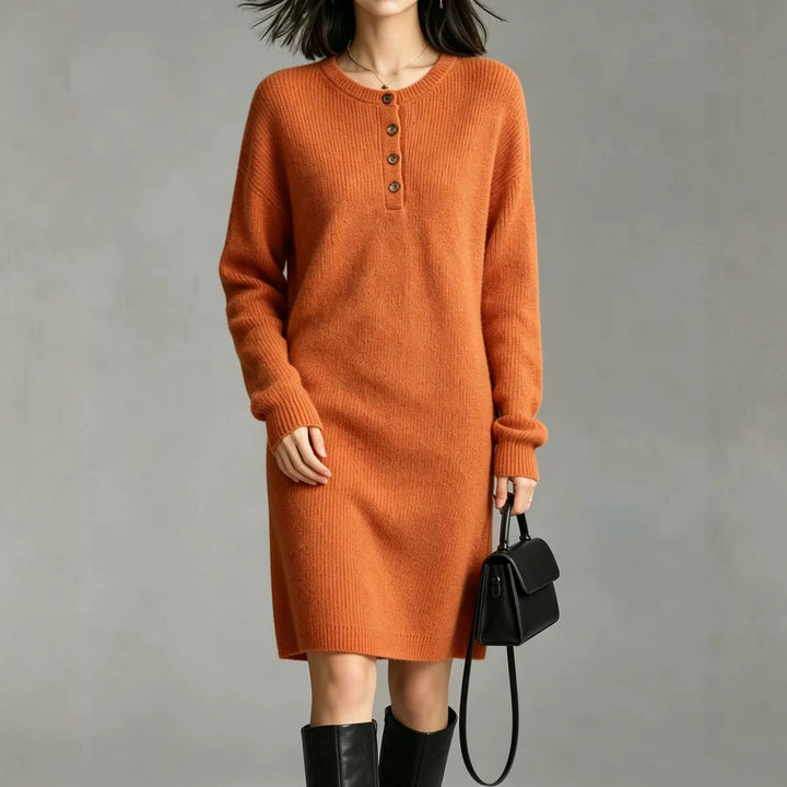 Damen Midilanges Strickkleid mit Henley-Leiste und gerippten Bündchen Drune