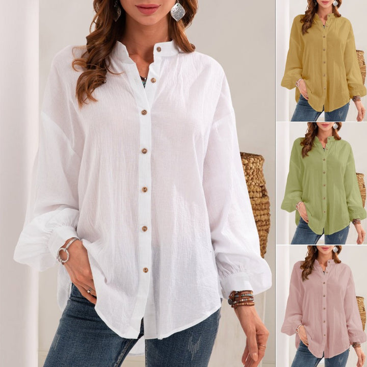 Damen Lose Crinkle Bluse Top mit Stehkragen und Ballonärmeln Drune
