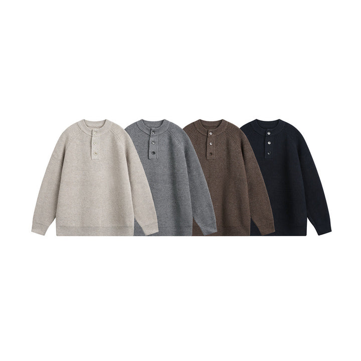 Unisex Strick-Henleypullover mit halber Knopfleiste und Raglanärmeln Drune