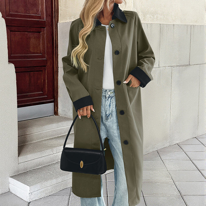 Damen Langer Trenchcoat mit Kontrastkragen und Umschlagmanschetten Drune