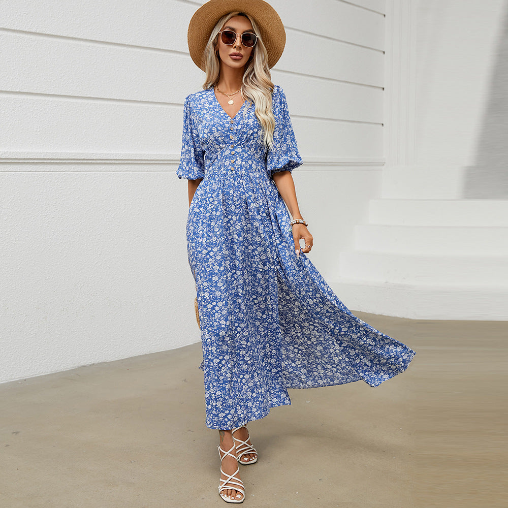 Damen Maxi-Kleid mit V-Ausschnitt und Femininen Puffärmeln Drune