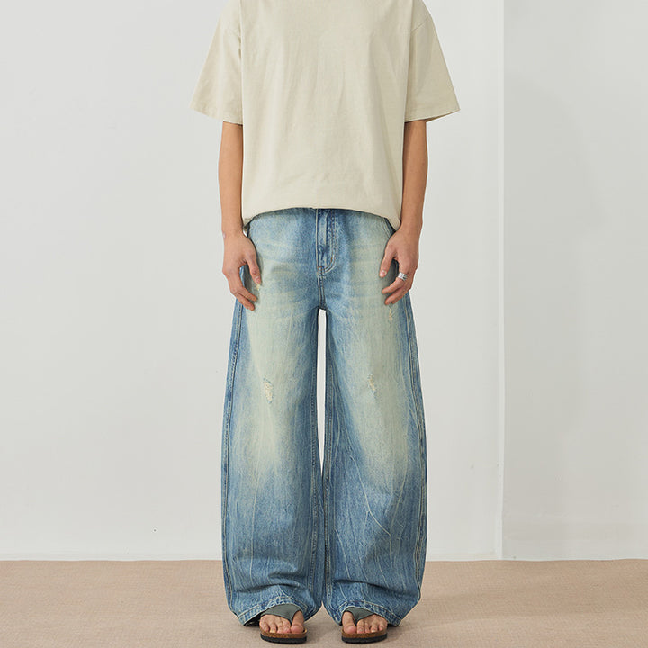 Herren Ultraweite Stonewashed Baggy-Jeans im bodenlangen Palazzoschnitt mit Used‑Effekt Drune