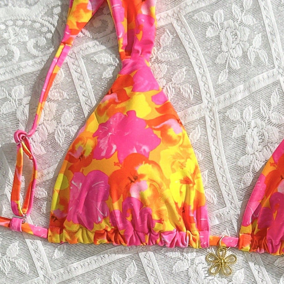 Damen Blütenmuster Triangel-Bikini mit verstellbaren Trägern Drune