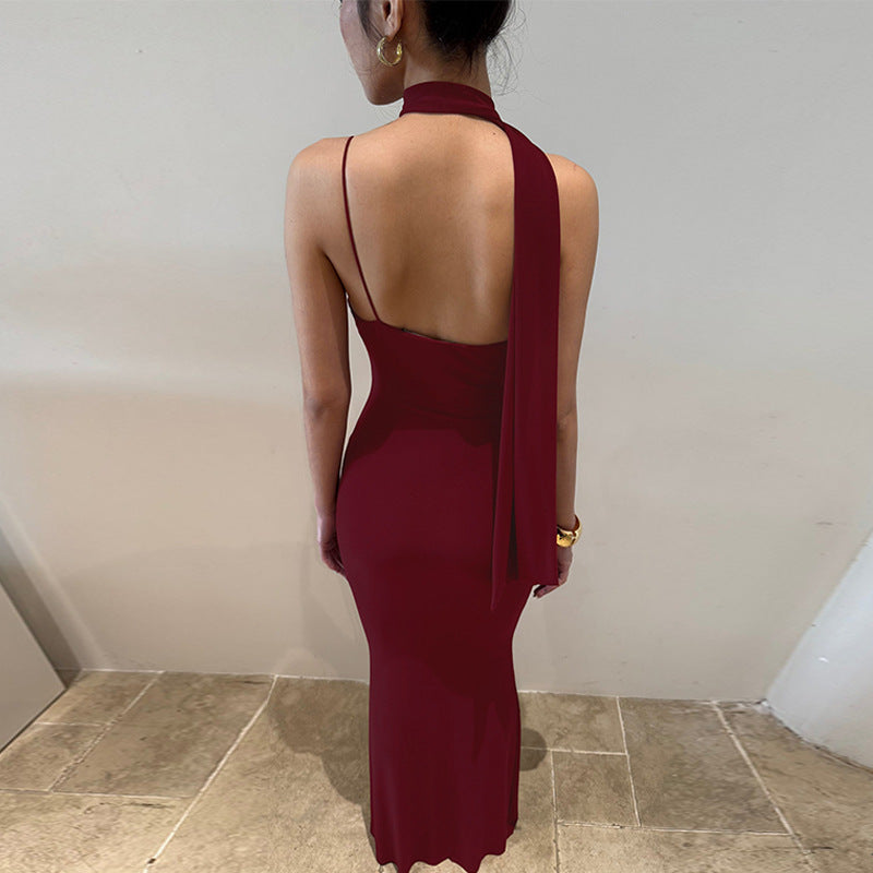 Damen Elegantes Maxikleid mit asymmetrischem Halterneck Drune