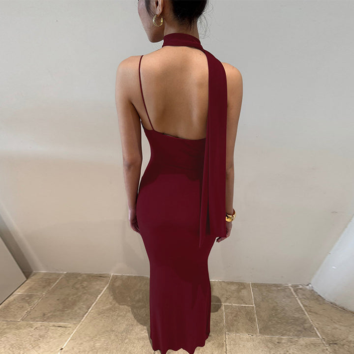 Damen Elegantes Maxikleid mit asymmetrischem Halterneck Drune