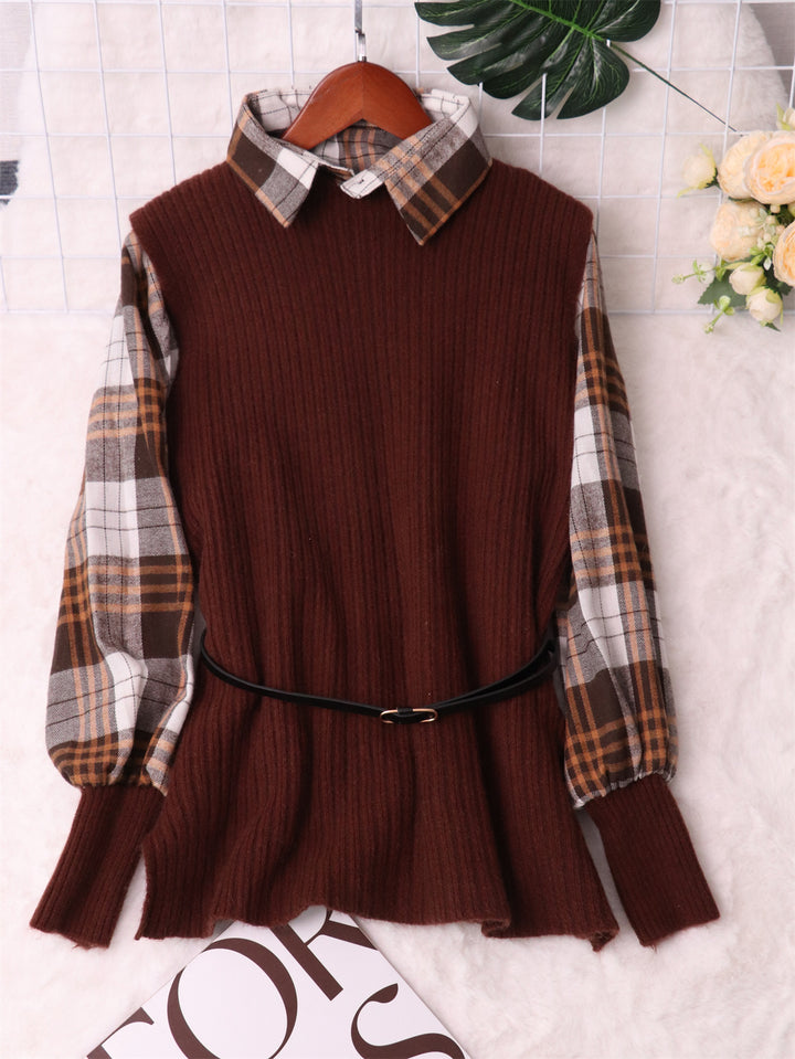 Damen modischer Strickpullover mit ausgefallenem Karohemd und elastischem Taillengürtel Drune