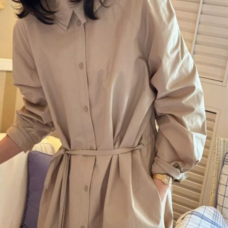 Damen Langärmeliges Hemdblusen-Maxikleid mit Taillengürtel und Eingrifftaschen Drune
