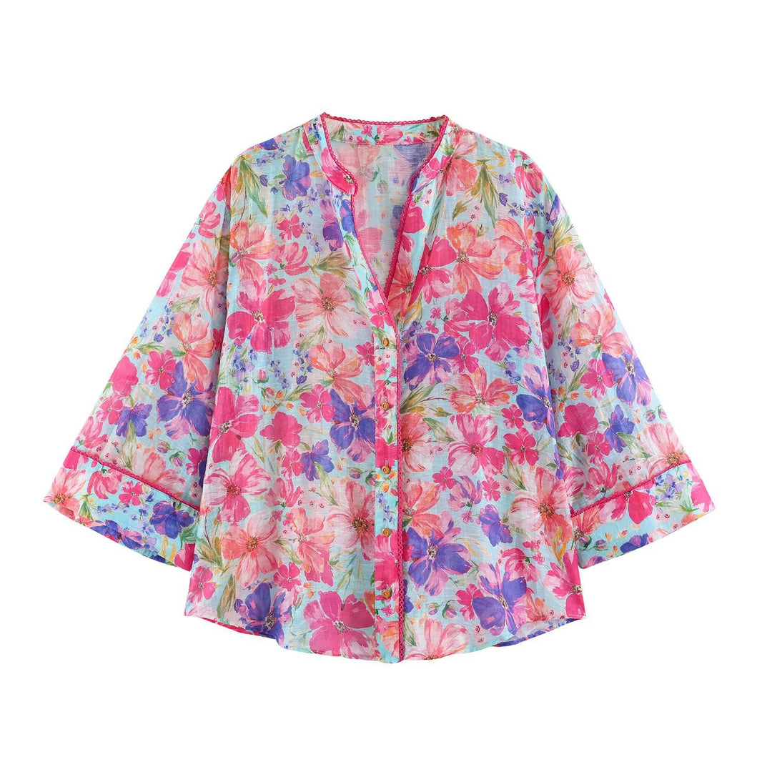 Damen Leichte Blumenbluse mit Stehkragen und dreiviertel Glockenärmeln Drune