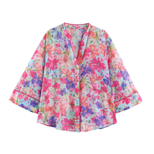 Damen Leichte Blumenbluse mit Stehkragen und dreiviertel Glockenärmeln Drune