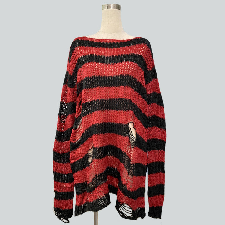 Damen nan Oversized Grobstrickpullover mit breiten Blockstreifen und aufgerissenem Design Drune