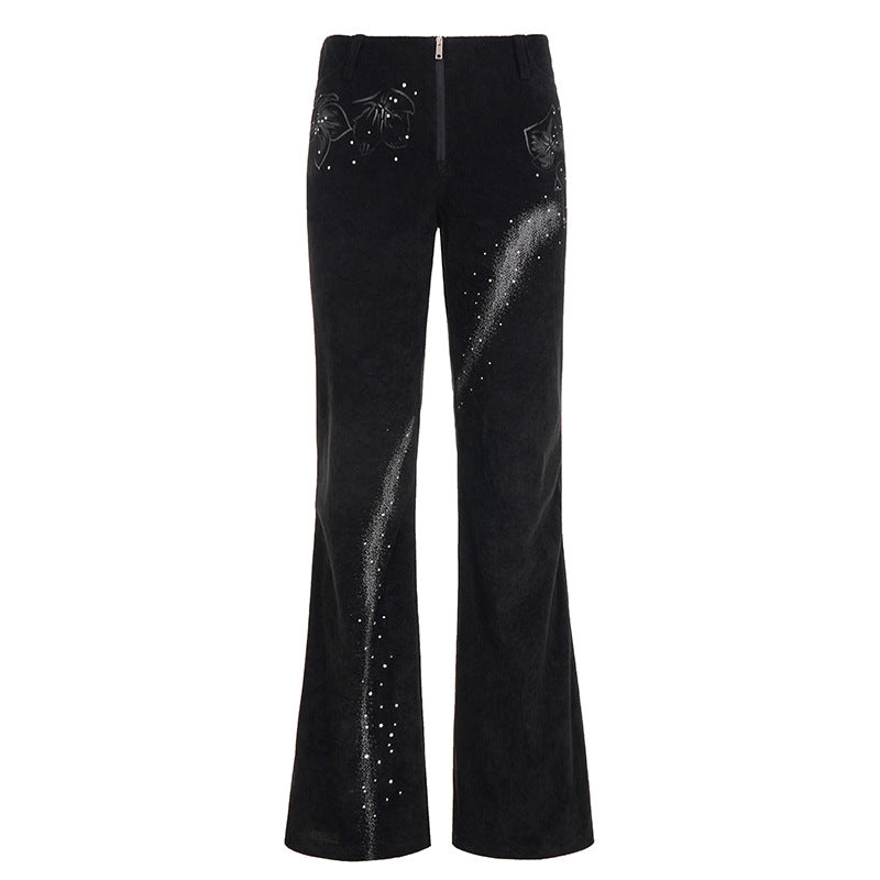 Damen Flared Cordhose mit floralem Design und Glitzerakzenten Drune