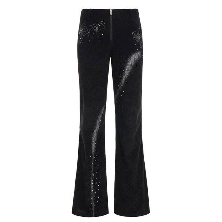 Damen nan ausgestellte Cordhose mit Glitzerstreifen und Blumenstickerei, hoher Bund Drune