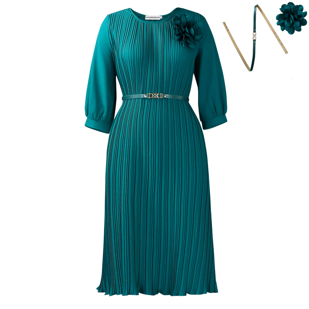 Damen Plissee Midi-Kleid mit eleganter Blumenapplikation und abnehmbarem Gürtel Drune