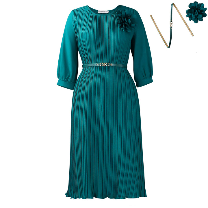 Damen Plissee Midi-Kleid mit eleganter Blumenapplikation und abnehmbarem Gürtel Drune