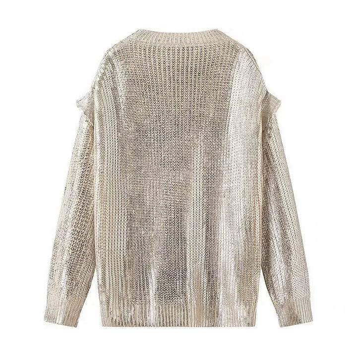 Damen nan leicht glänzender Grobstrick-Pullover mit Cut-Out-Schultern und Rundhalsausschnitt Drune