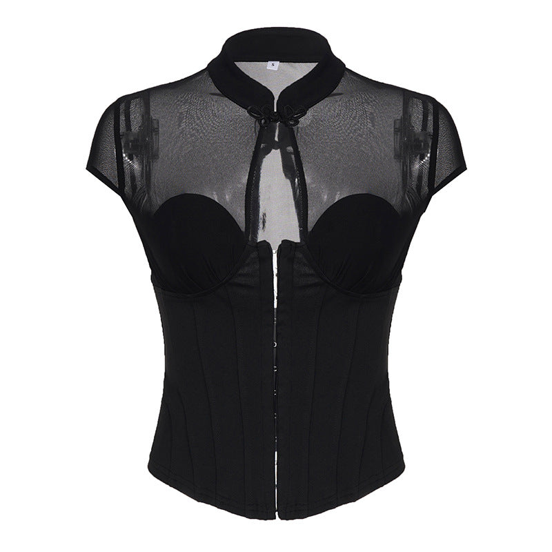 Damen Corsage-Oberteil mit Mesh-Einsätzen und feinen Rüschendetails Drune