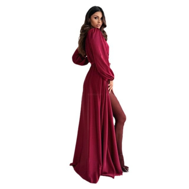Damen elegantes Maxikleid mit schlanker Silhouette und tailliertem Gürtel Drune