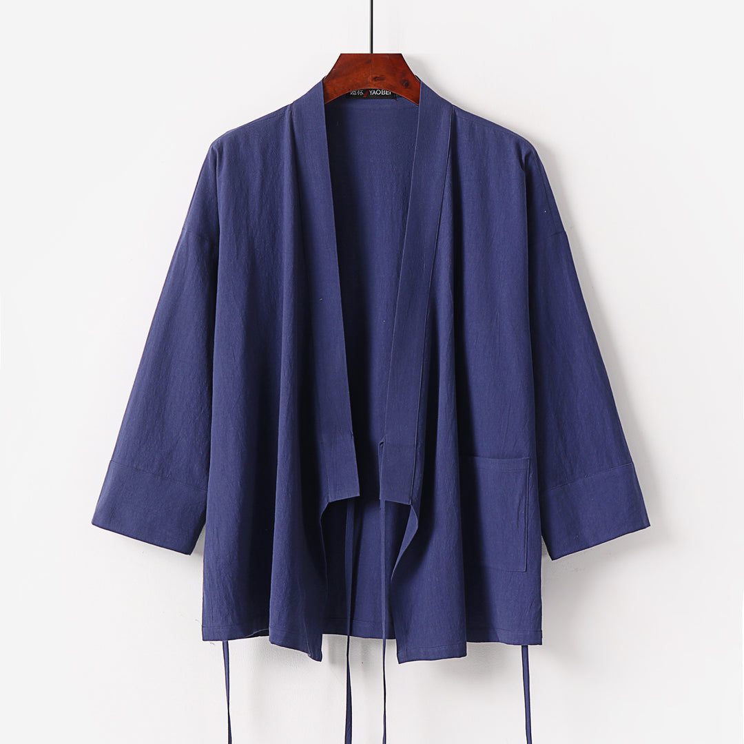 Damen Kimono-Cardigan aus Baumwoll-Leinen mit dreiviertelärmeln Bindegürtel und aufgesetzten Taschen Drune