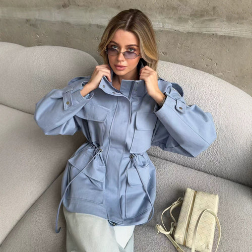 Damen Utility-Parka mit Tunnelzugtaillierung, Pattentaschen und Stehkragen Drune