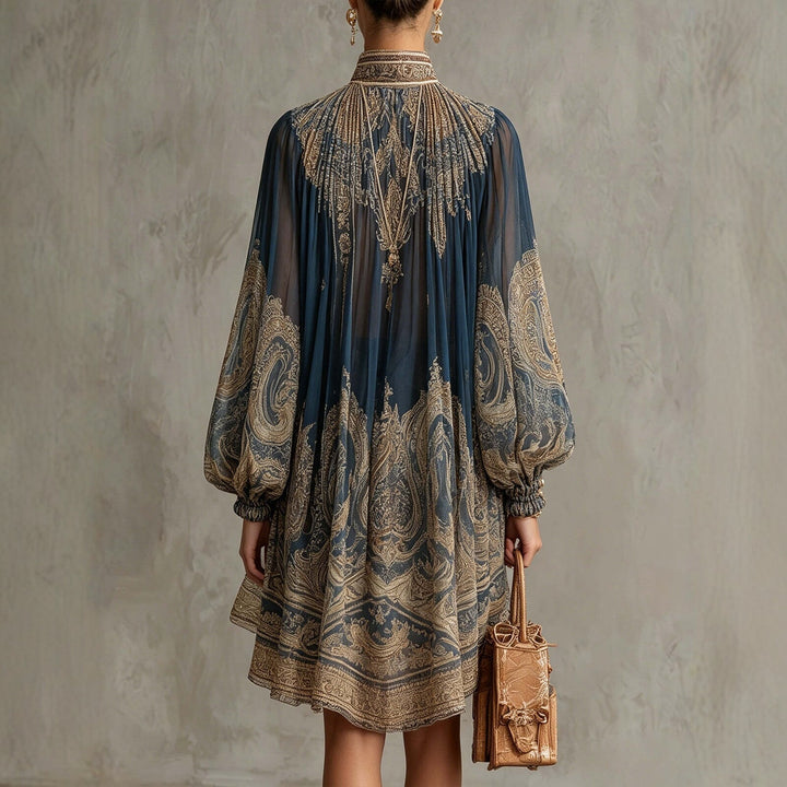 Damen Ätherisches Chiffon Tunika Kleid mit Hohem Stehkragen und Ballonärmeln Drune
