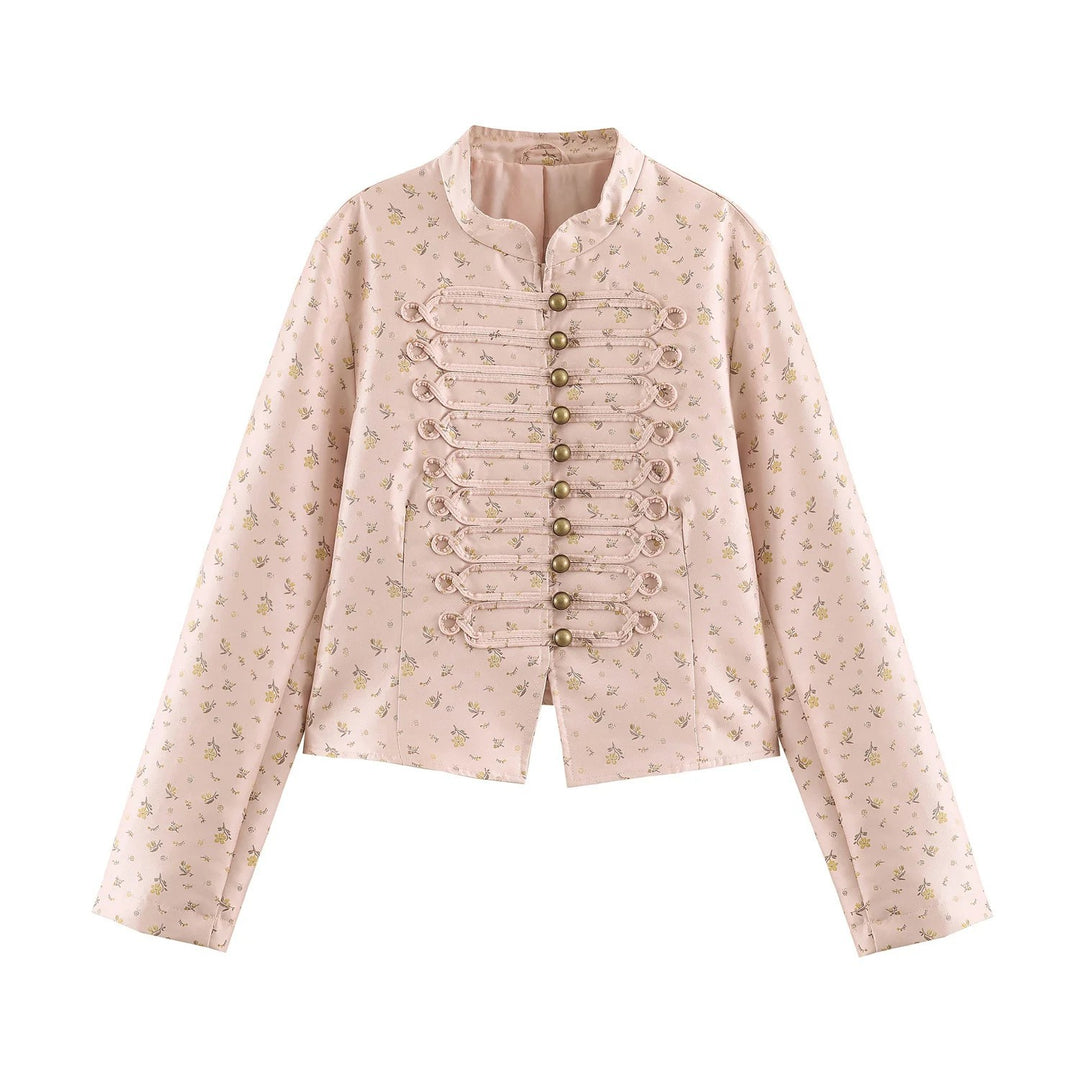 Damen Kurze Brokatoptik Militärblousonjacke mit Froschknopfleiste Drune